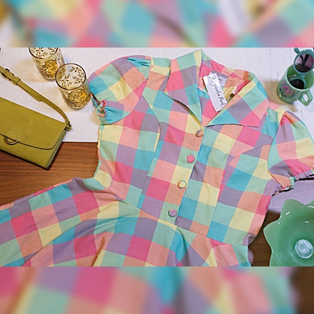 1950s Style Pastel Plaid Swing Dress with Cap Sleeve XL - Picture 7 of 12